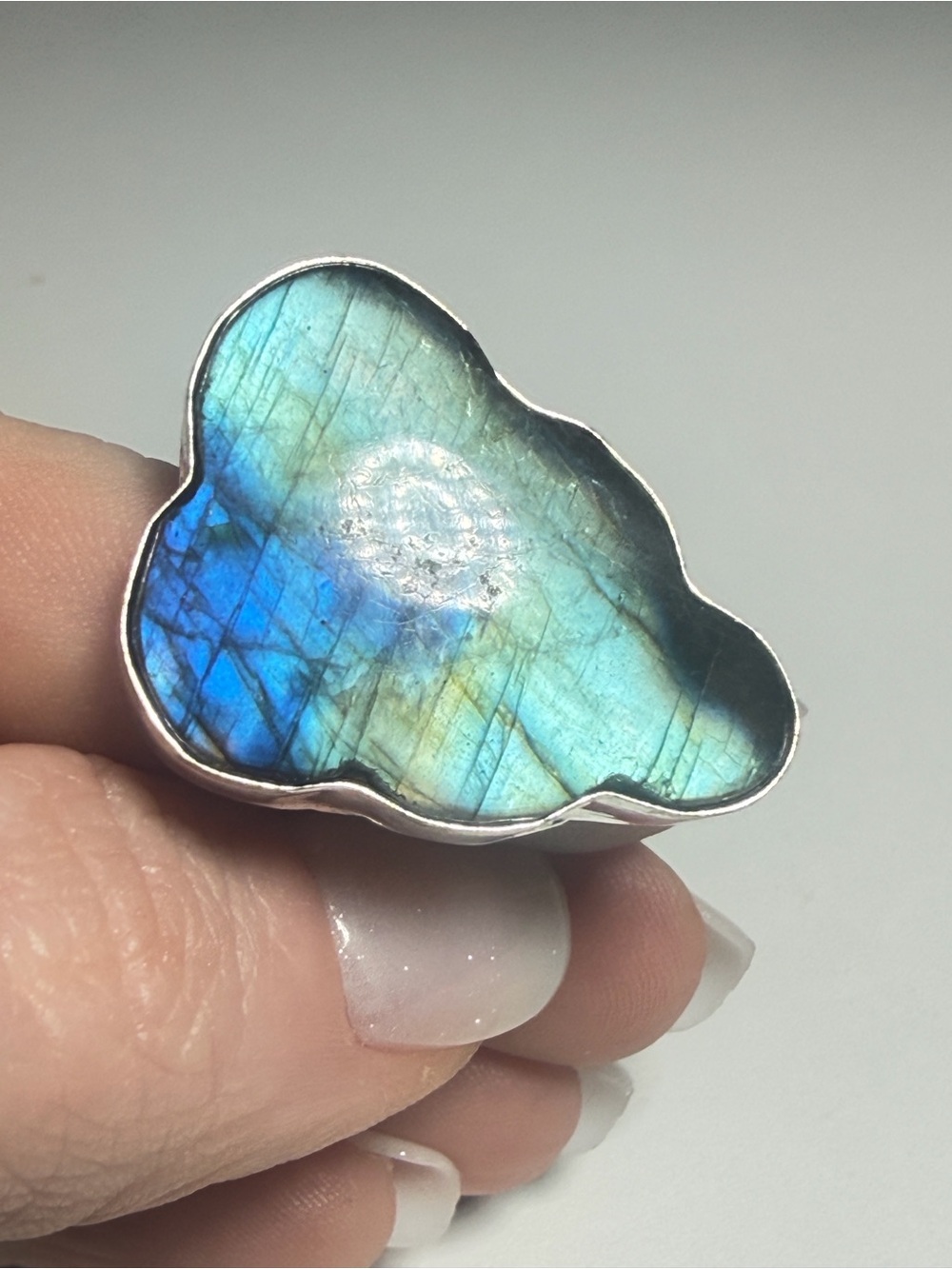 Labradorite Cloud Ring | Teal Blue Gold Flash | Adjustable | 925 Stamped